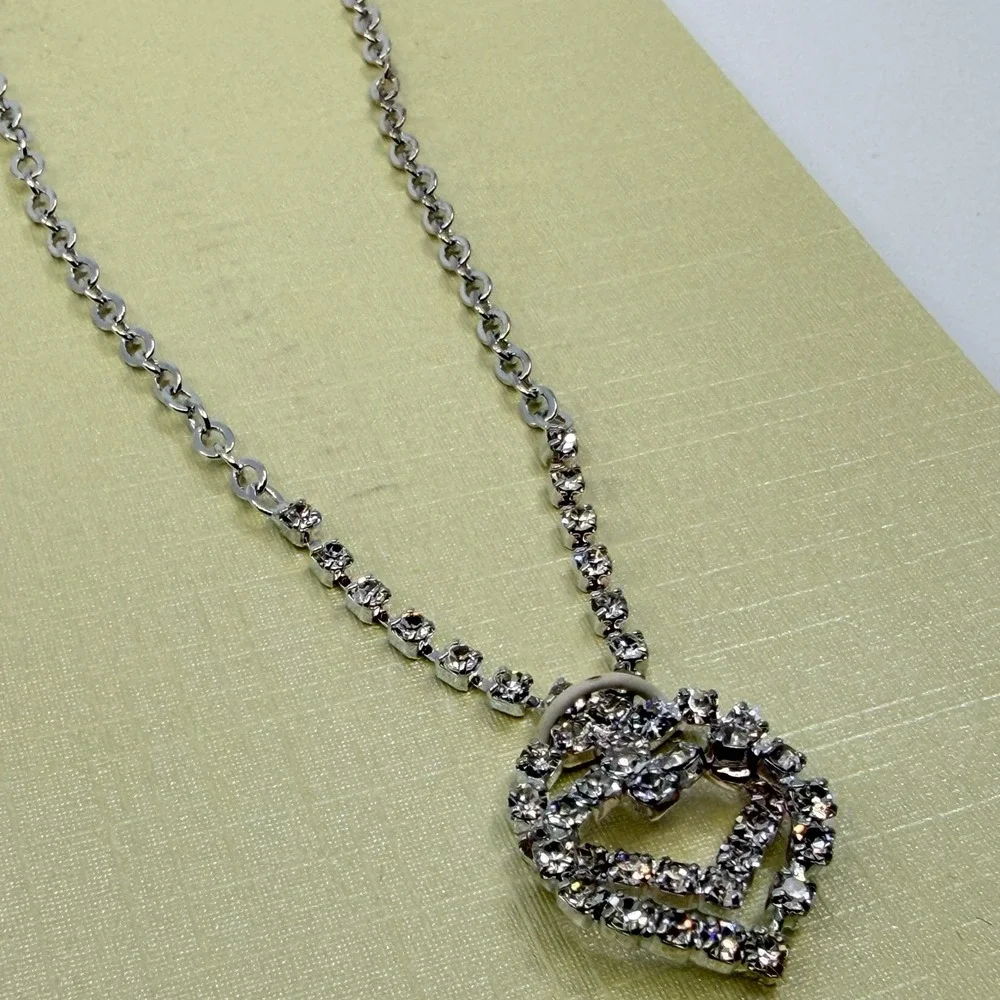 Stunning Double Heart Rhinestone Necklace Silver Tone Romantic Coquette Gift